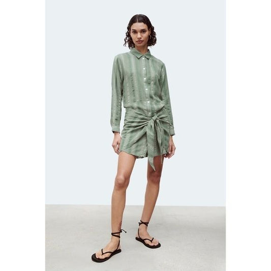 Zara NWT Green Button Down Tied Shirtdress Size Small