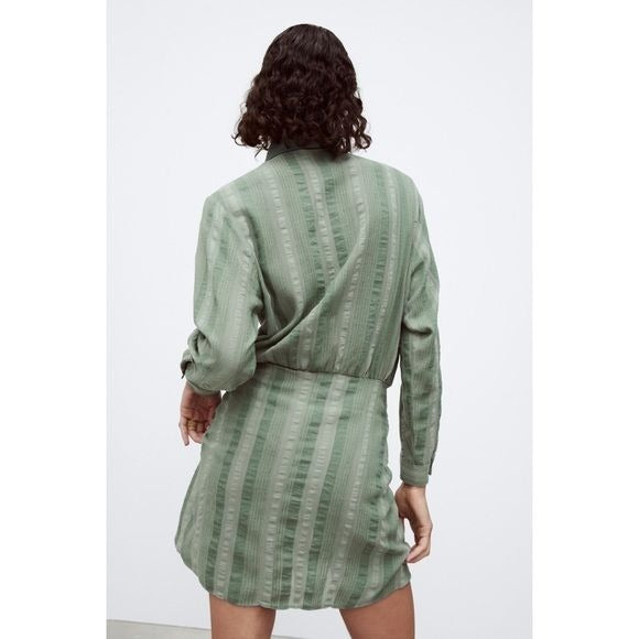 Zara NWT Green Button Down Tied Shirtdress Size Small