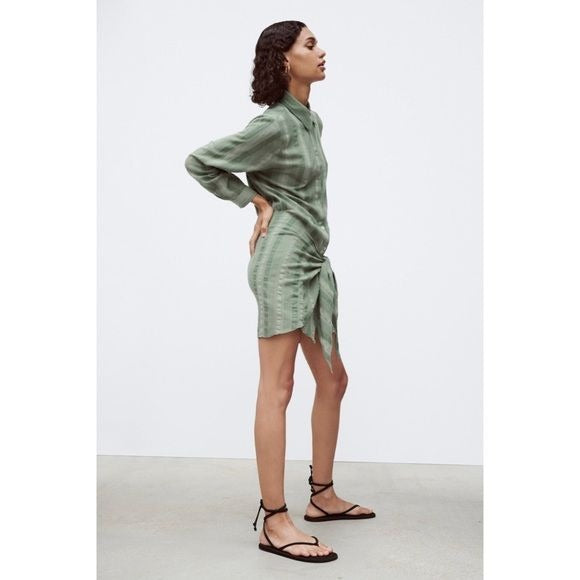 Zara NWT Green Button Down Tied Shirtdress Size Small