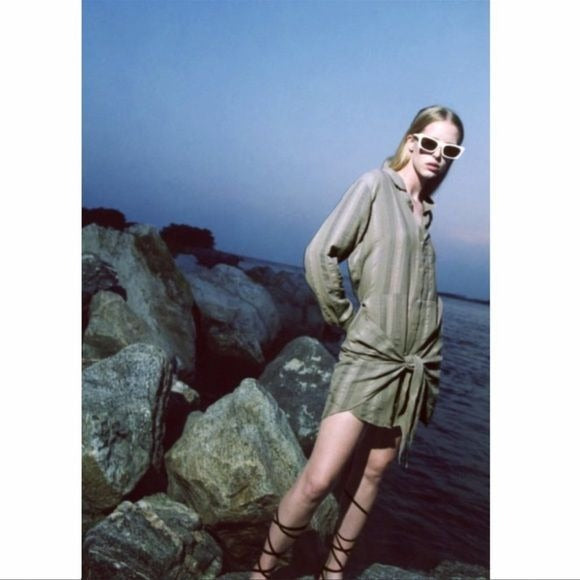 Zara NWT Green Button Down Tied Shirtdress Size Small