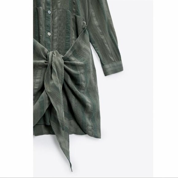 Zara NWT Green Button Down Tied Shirtdress Size Small