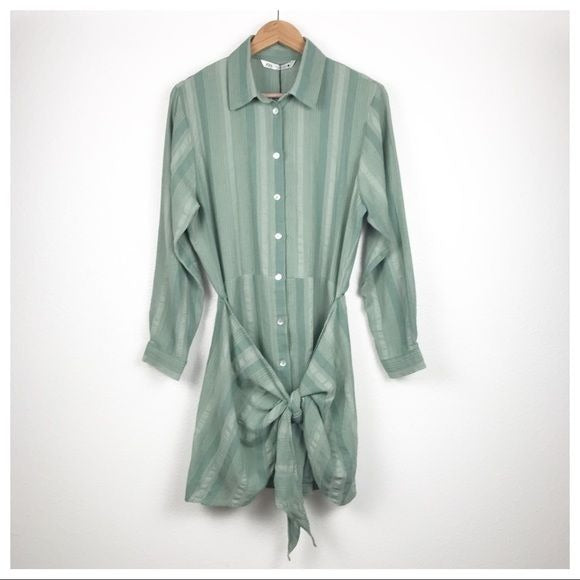 Zara NWT Green Button Down Tied Shirtdress Size Small