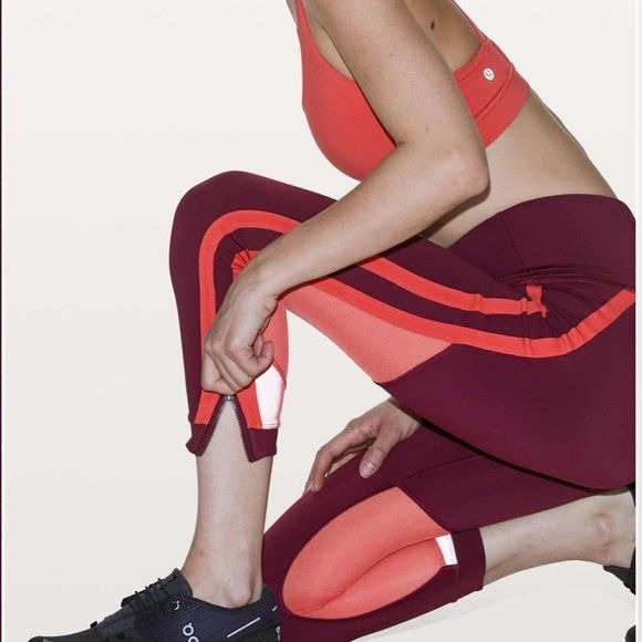 Lululemon Zip The Line Crop Leggings in Deep Ruby / Poppy Coral Size 8