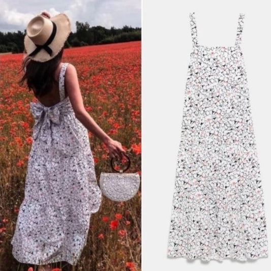 Zara White Floral Bow Tie Maxi Dress Size XS