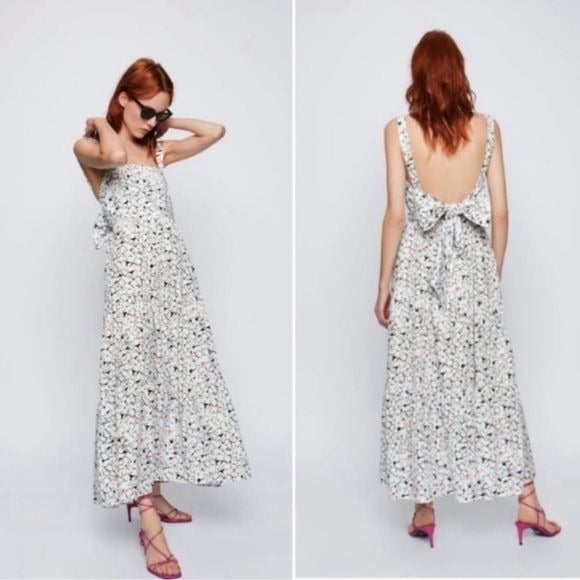 Zara White Floral Bow Tie Maxi Dress Size XS