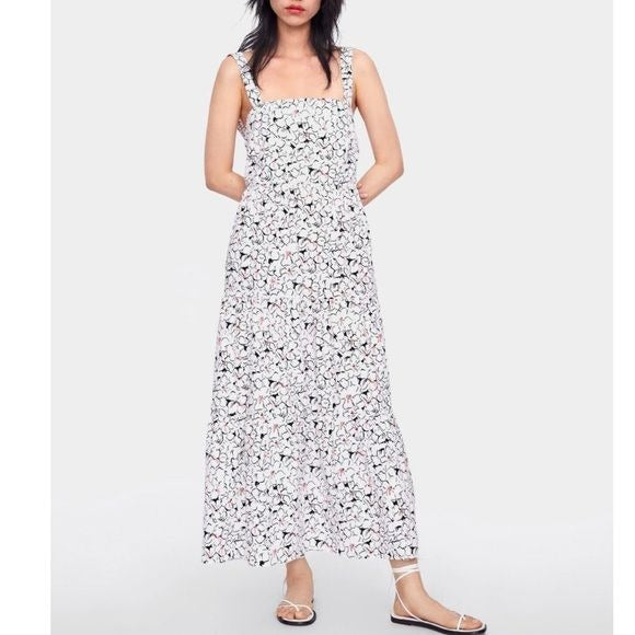 Zara White Floral Bow Tie Maxi Dress Size XS