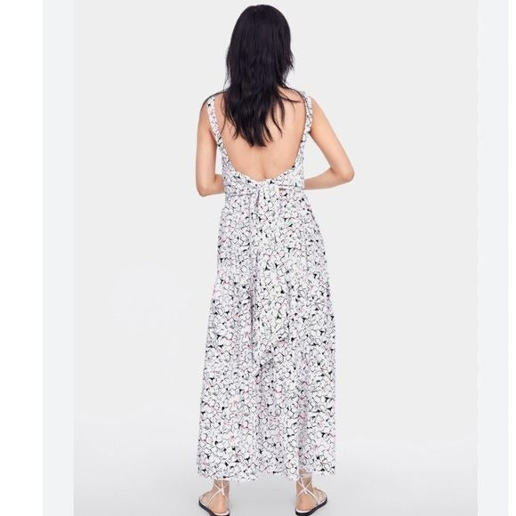 Zara White Floral Bow Tie Maxi Dress Size XS