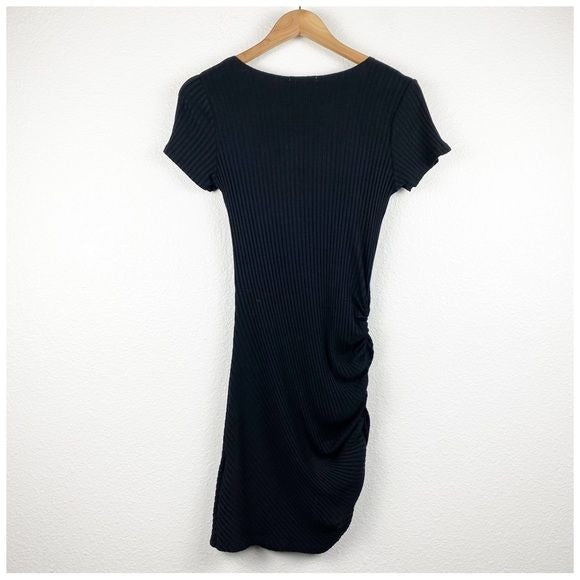 LNA Black Ribbed Asymmetric Ruched Dress Size Small
