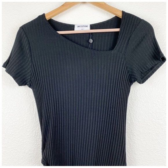LNA Black Ribbed Asymmetric Ruched Dress Size Small