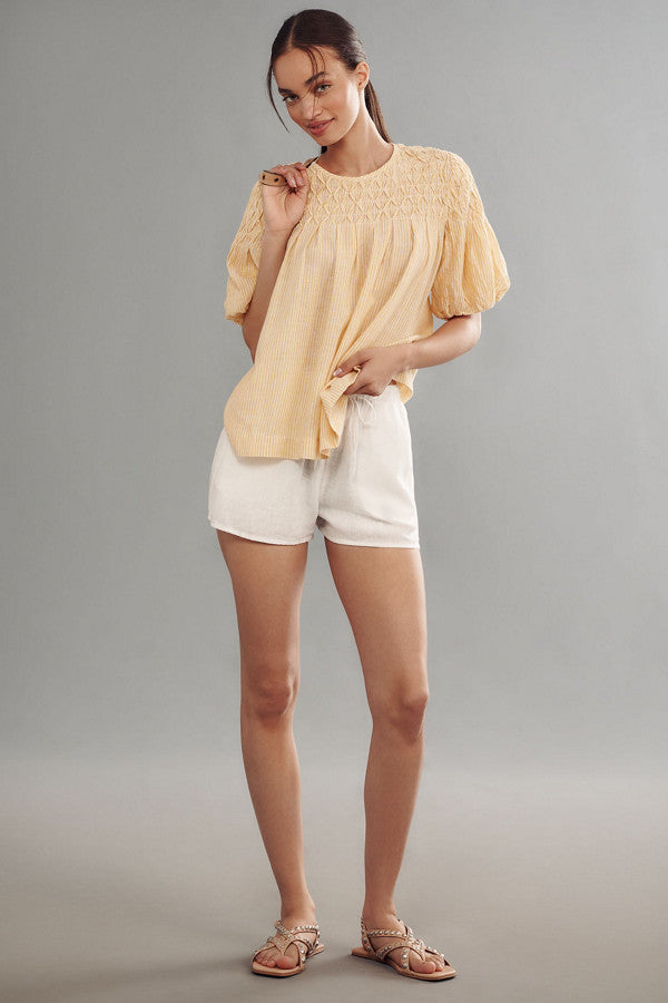 Anthropologie The Liza Puff-Sleeve Smocked Linen Top in Yellow - Medium