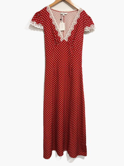 Rihoas Red Polka Dot Lace Trim Maxi Dress - Medium