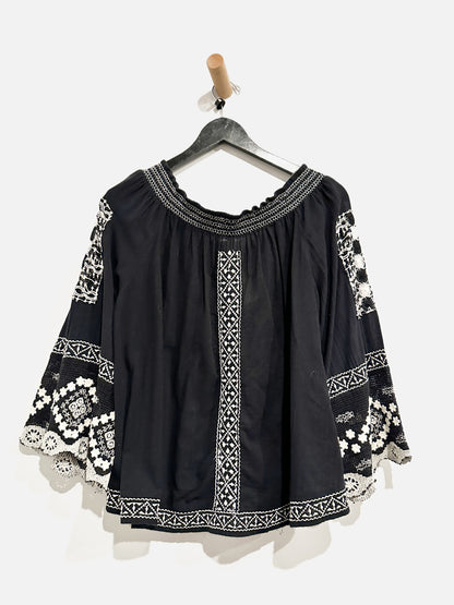 Free People Black Embroidered Blouse - Small