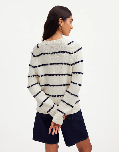 Madewell Textured Cotton Crewneck Sweater in Bright Ivory Navy Stripe