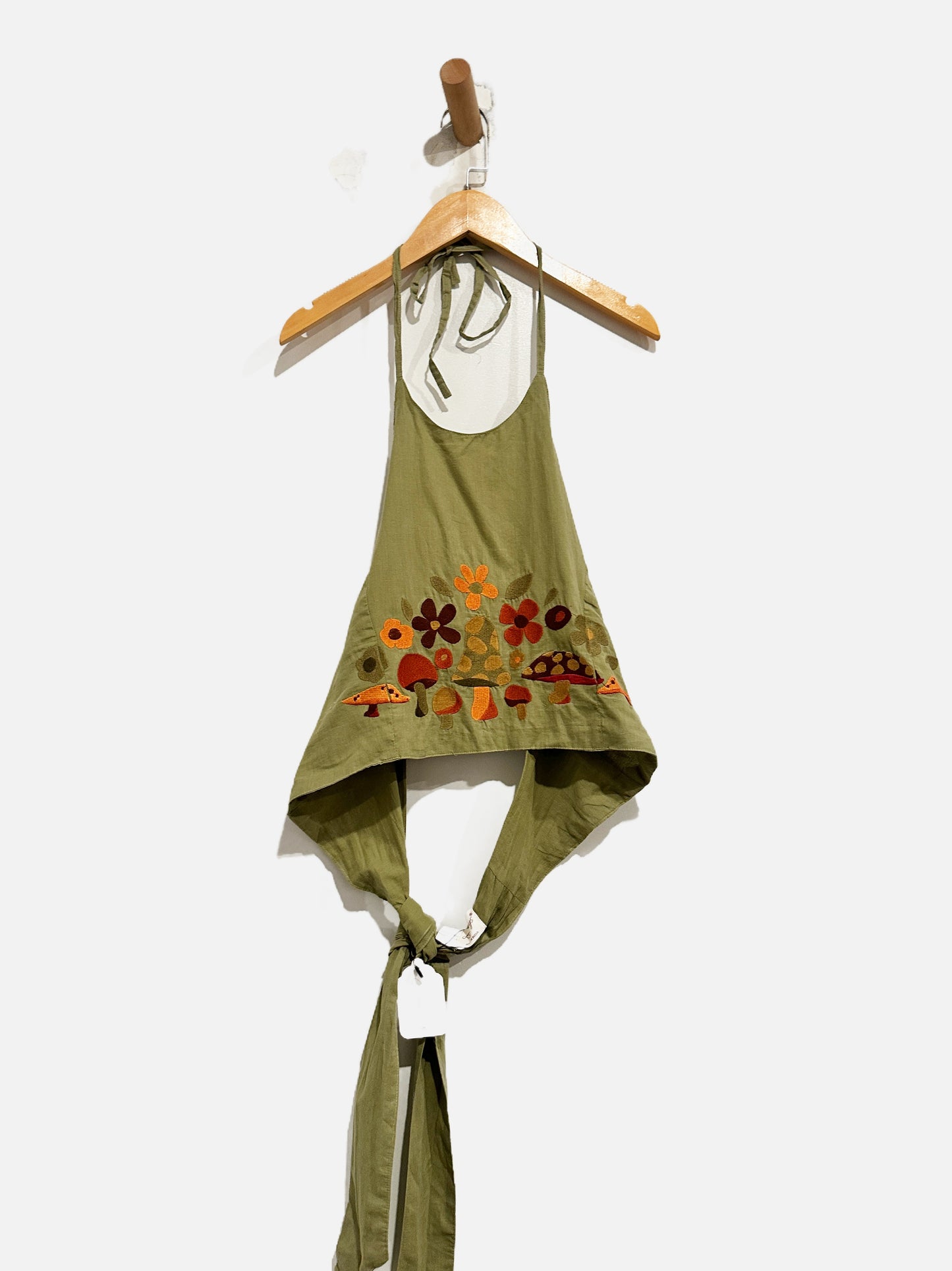 Lakhays Mushroom Embroidery Halter Top in Sage - OS