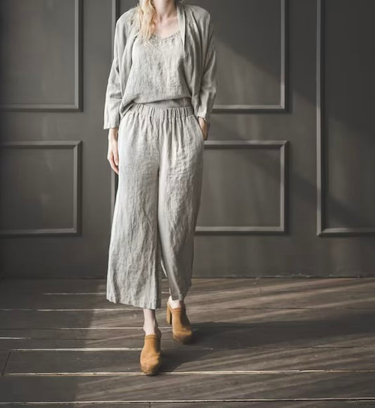 Flax Linen Wide Leg Pants - Medium
