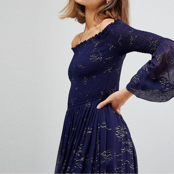 NWT Free People Foiled Smocked Off the Shoulder Midi Dress Size XS