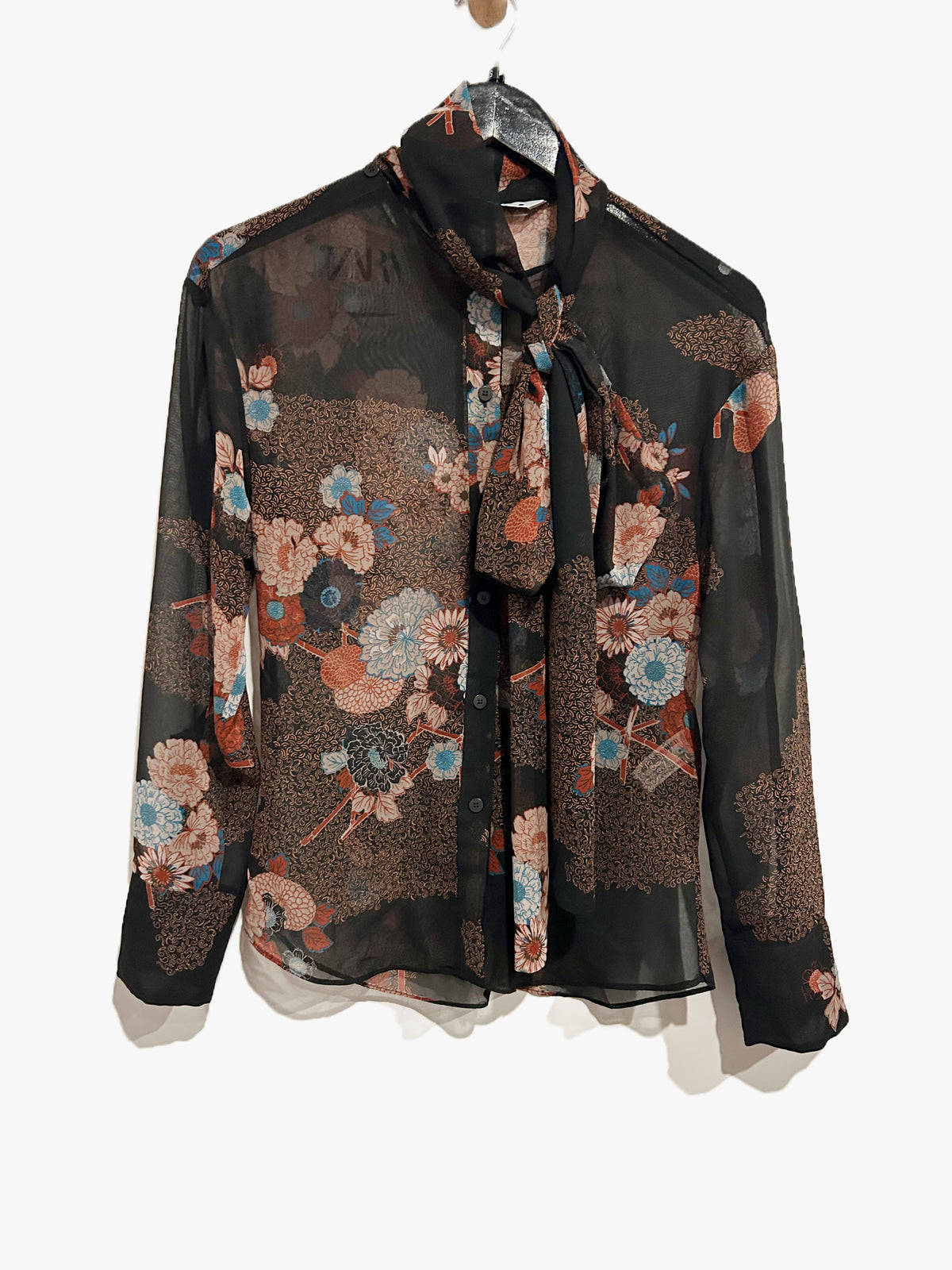 Zara NWT Black Floral Sheer Long Sleeve Blouse - XS