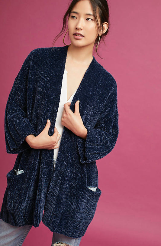 Moth by Anthropologie Blue Chenille Cardigan - Small