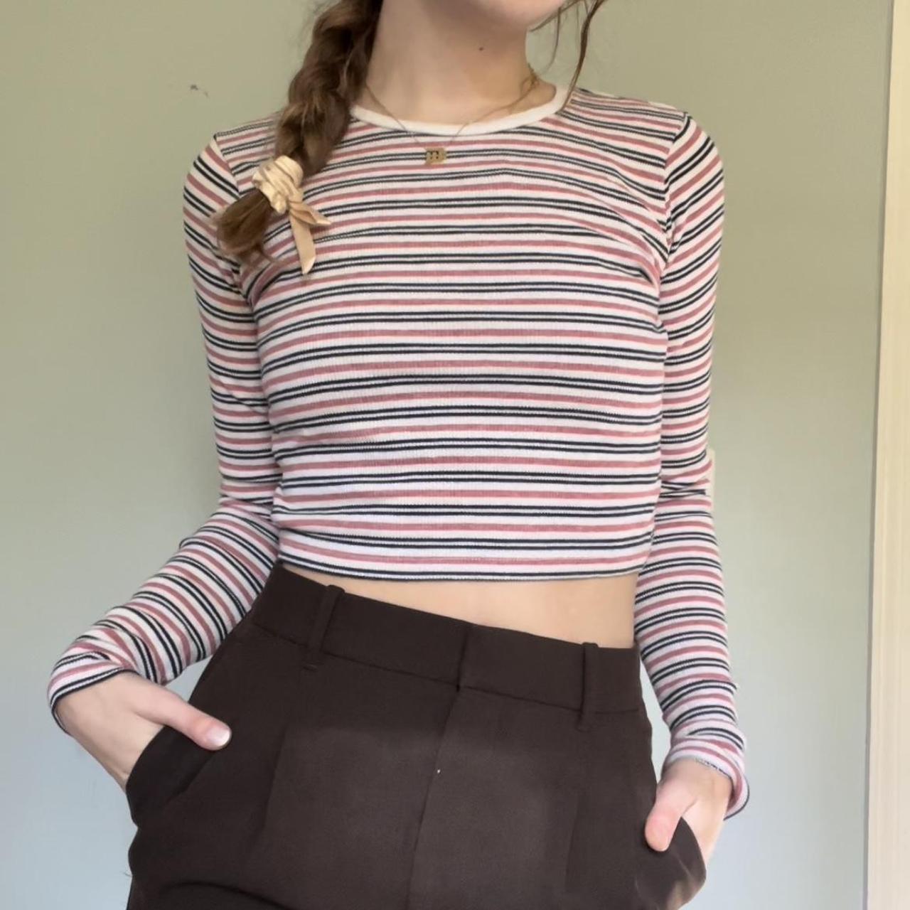 Brandy Melville Pink and Navy Stripe LS Tee