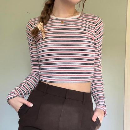 Brandy Melville Pink and Navy Stripe LS Tee