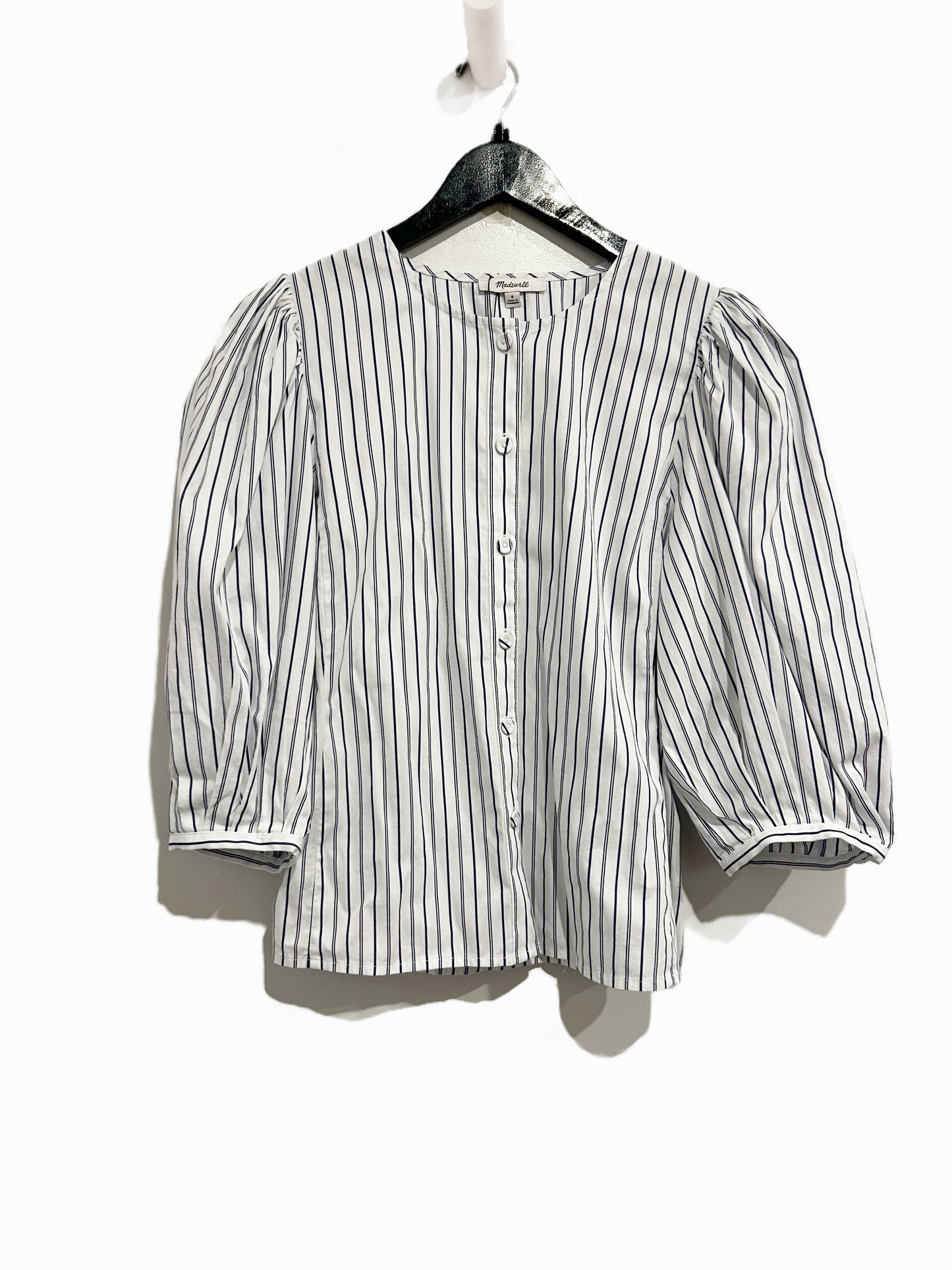 Madewell Puff-Sleeve Button-Up Top in Dark Blue And White Stripe - 4