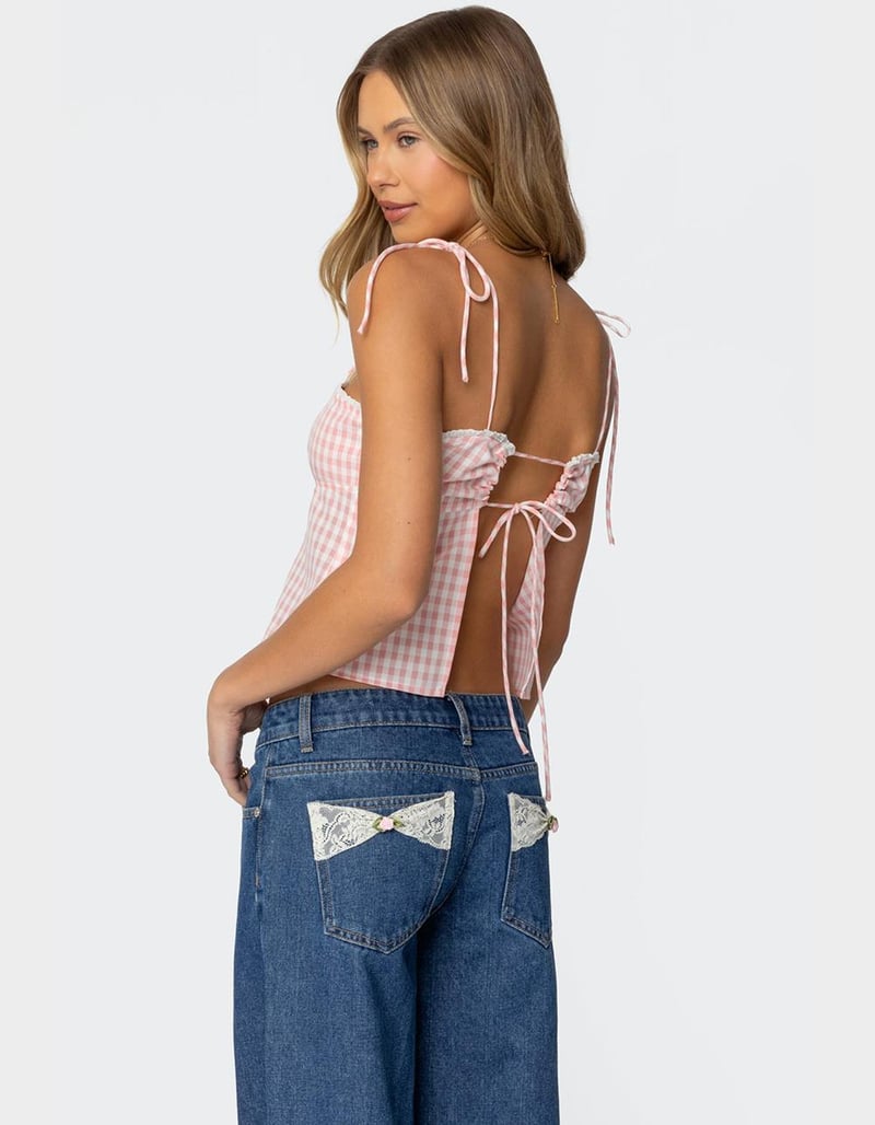 Edikted  Billie Open Tie Back Gingham Top in Light Pink - XS