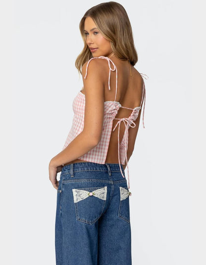 Edikted  Billie Open Tie Back Gingham Top in Light Pink - XS