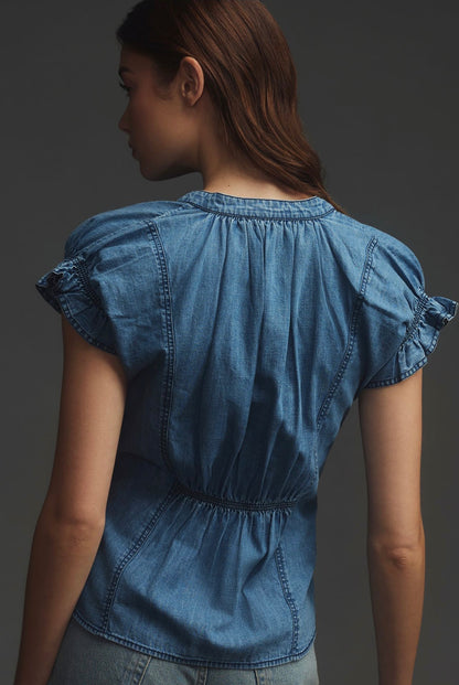 Anthropologie Pilcro The Tatum Flutter-Sleeve Denim Henley Blouse - Large