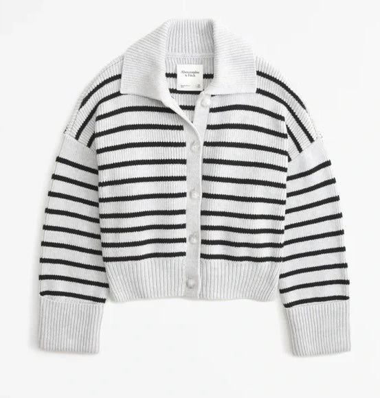 Abercrombie & Fitch Gray and Black Stripe Button Down Sweater - Small