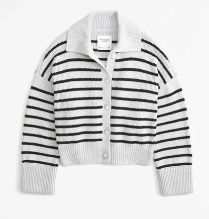 Abercrombie & Fitch Gray and Black Stripe Button Down Sweater - Small