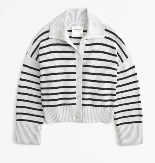 Abercrombie & Fitch Gray and Black Stripe Button Down Sweater - Small