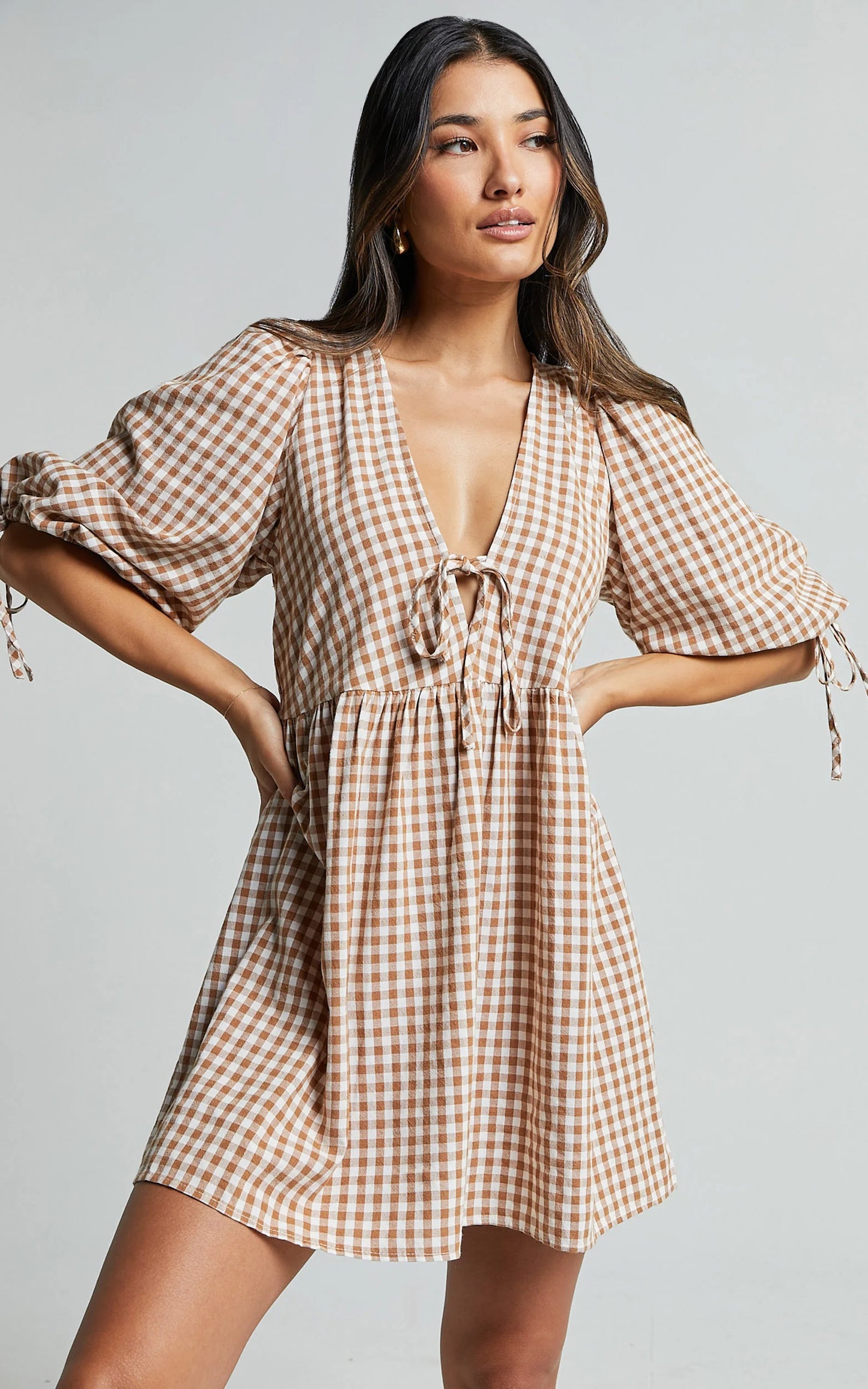 Showpo Rosita Mini Dress in Caramel & White - 8
