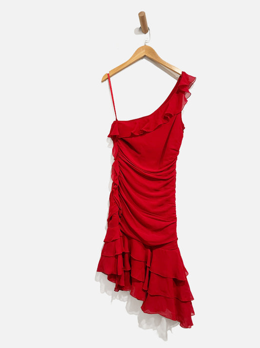 Express Y2K Red Silk Ruffle Asymmetric Dress - 4