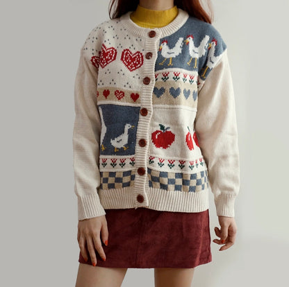 Cream Apple Picking Chicken Cardigan - OS