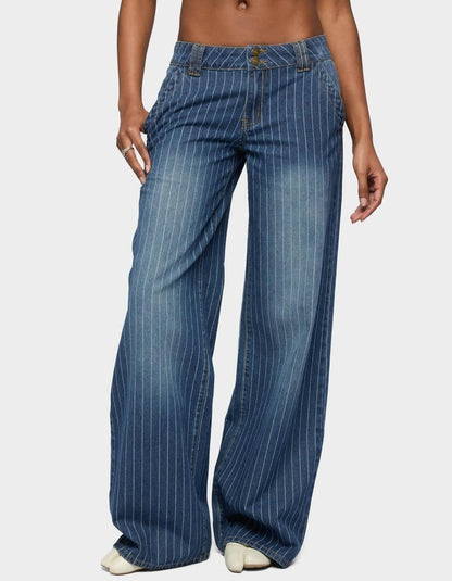 Edikted Cory Striped Low Rise Baggy Jeans - Small