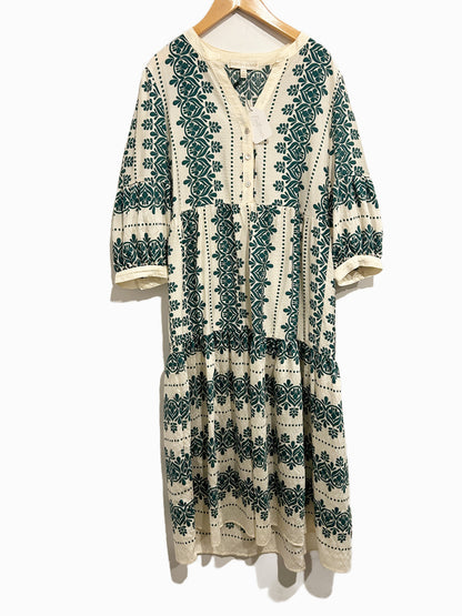 Figueroa + Flower Cream and Green Floral Midi Dress - Medium