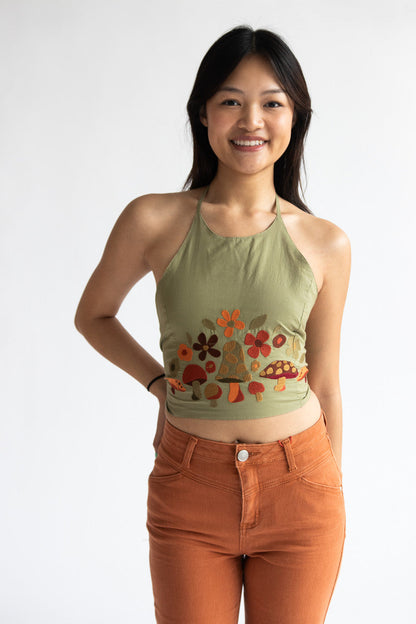 Lakhays Mushroom Embroidery Halter Top in Sage - OS
