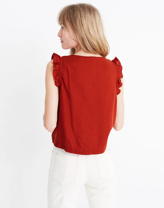 Madewell Linen-Blend Ruffle Button-Front Tank in Etruscan Clay - 4