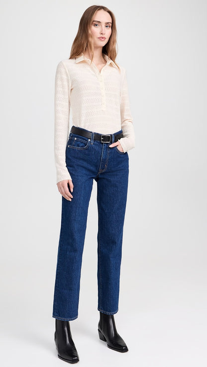 Rag & Bone Julia Pointelle Knit Long Sleeve Polo in Ivory - Medium