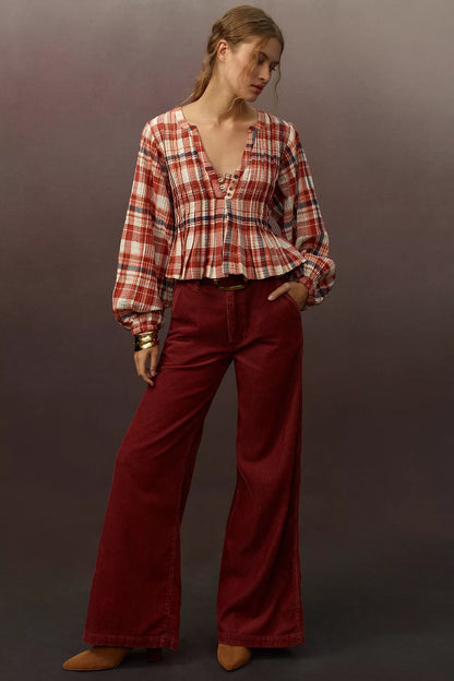 Anthropologie Pilcro Red Plaid Button Front Blouse - Medium