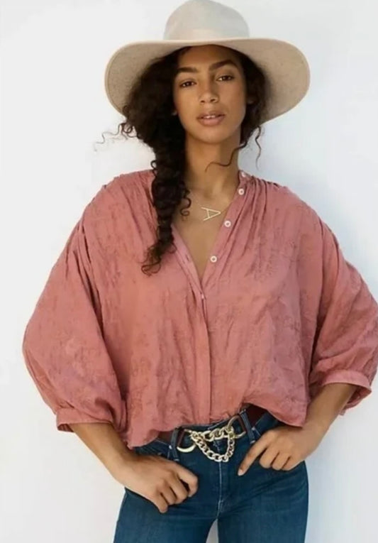 Anthropologie Pilcro Pink Embroidered Blouse - Medium