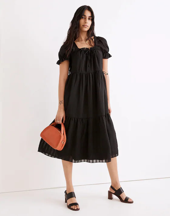Madewell Square-Neck Tiered Midi Dress in Textured Seersucker True Black - Medium