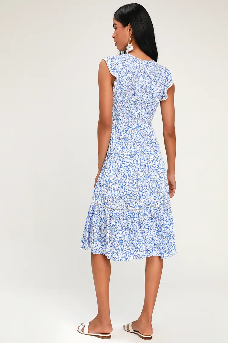 Lost & Wander Blue and White Floral Smocked Midi Dress - XS
