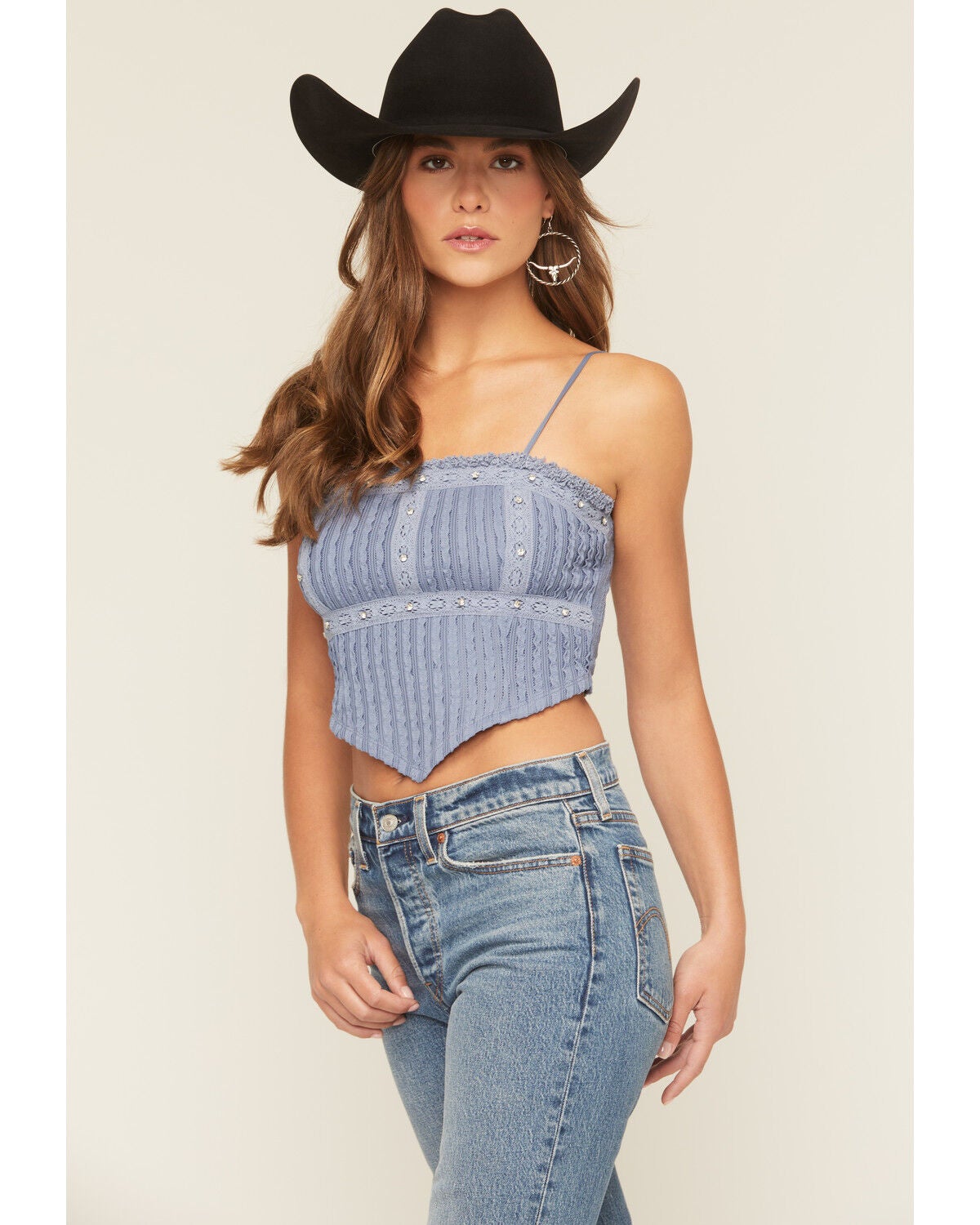 Miss Me Blue Studded Cropped Tank - Small