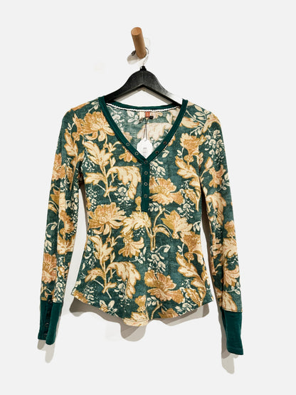 Anthropologie Pilcro Green Pattern Waffle Henley Top - Small