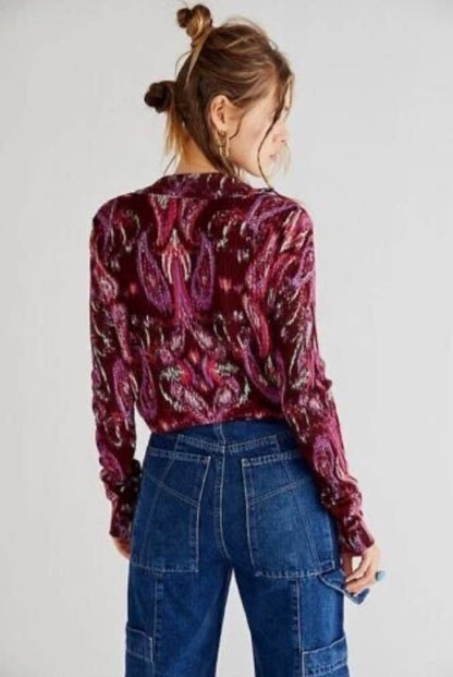 Free People Cherie Printed Top in Wine - Small