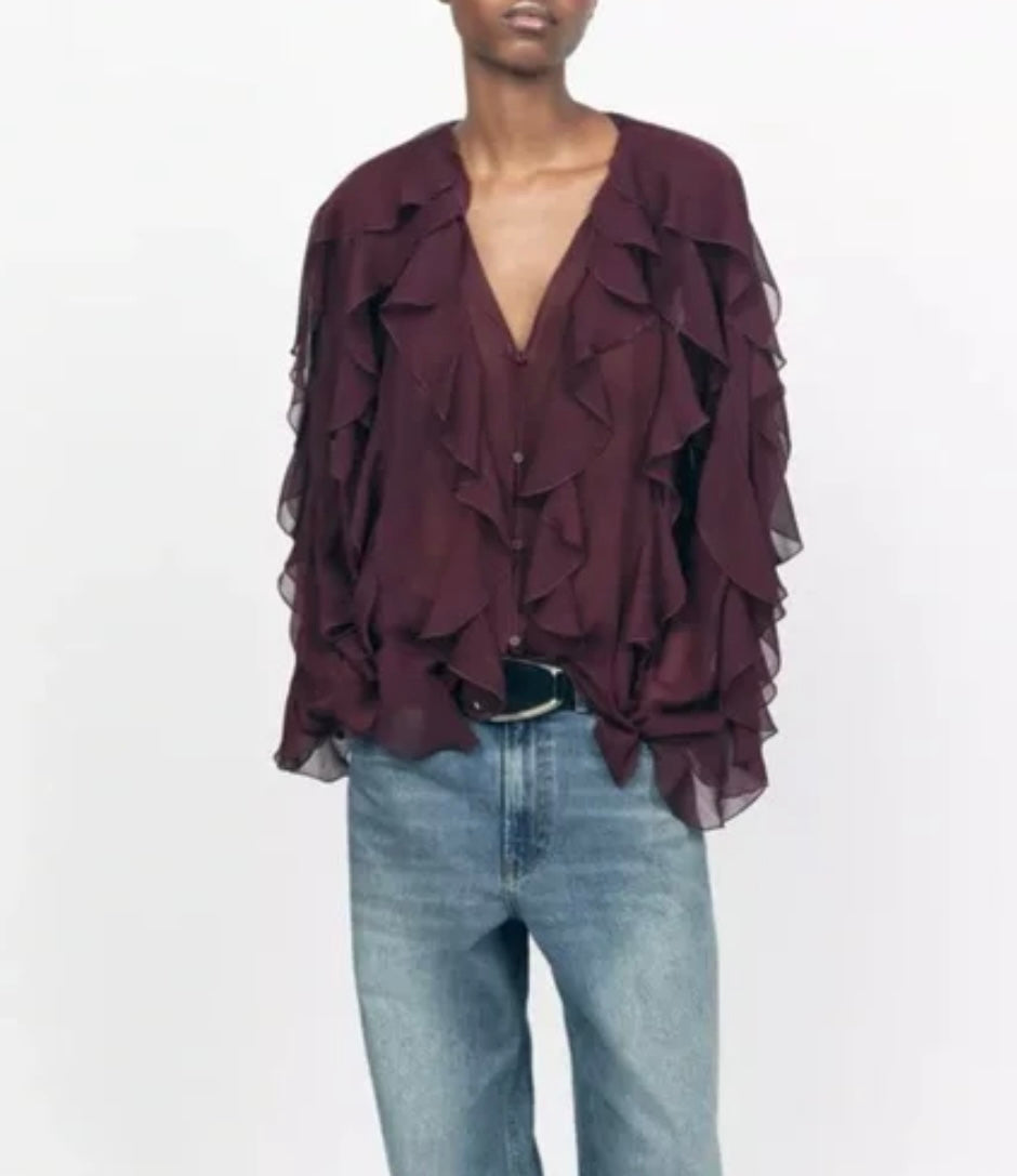 Zara NWT Burgundy All Over Ruffle Blouse - Large