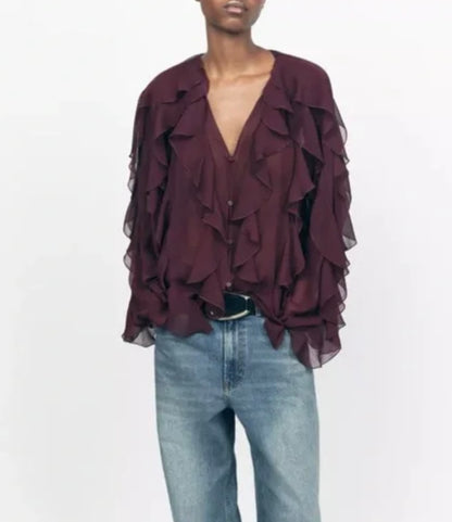 Zara NWT Burgundy All Over Ruffle Blouse - Large