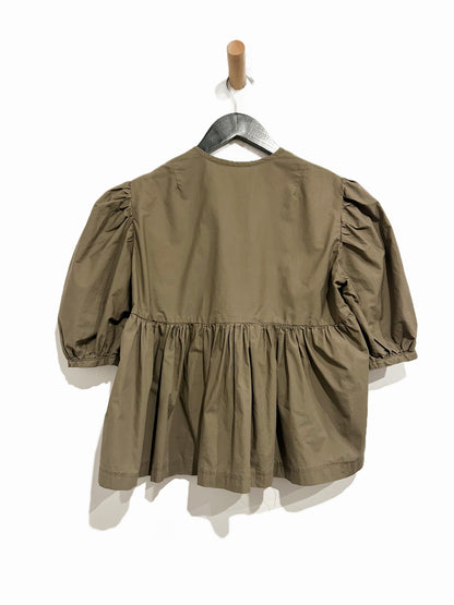 Brown Button Front Puff Sleeve Blouse
