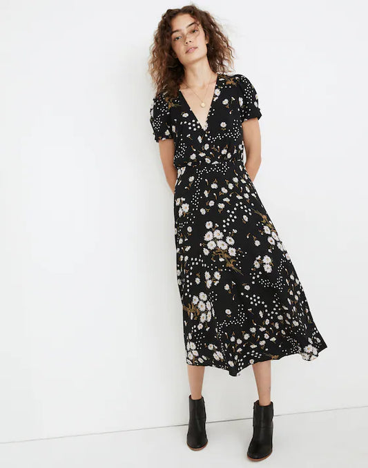 Madewell Puff-Sleeve Wrap-Front Midi Dress in Polka Daisies - 4